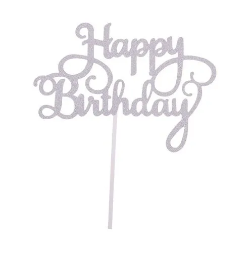topper na tort srebrny Happy Birthday