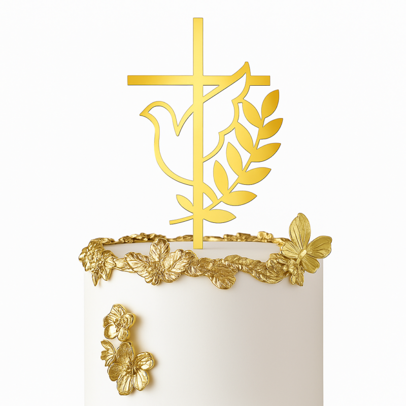 Topper komunijny złoty z krzyżem, gołębicą i gałązką oliwną na białym torcie